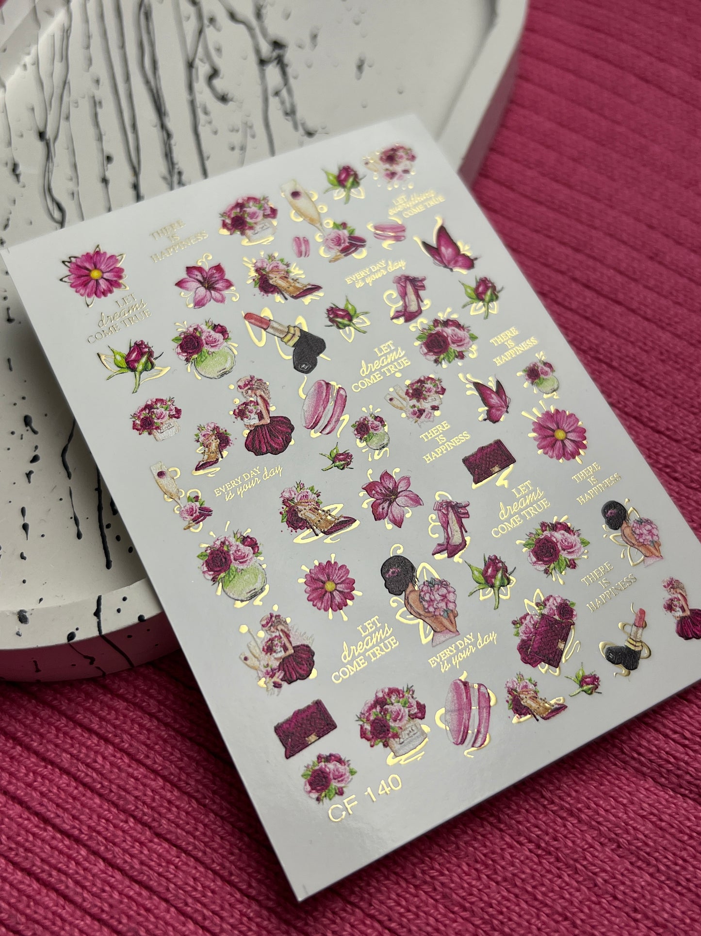 Nail Water Decal CF-140 | Fashion & Floral Water Slide Nail Decals | Shoes, Lipstick & Gold Foil Accents
