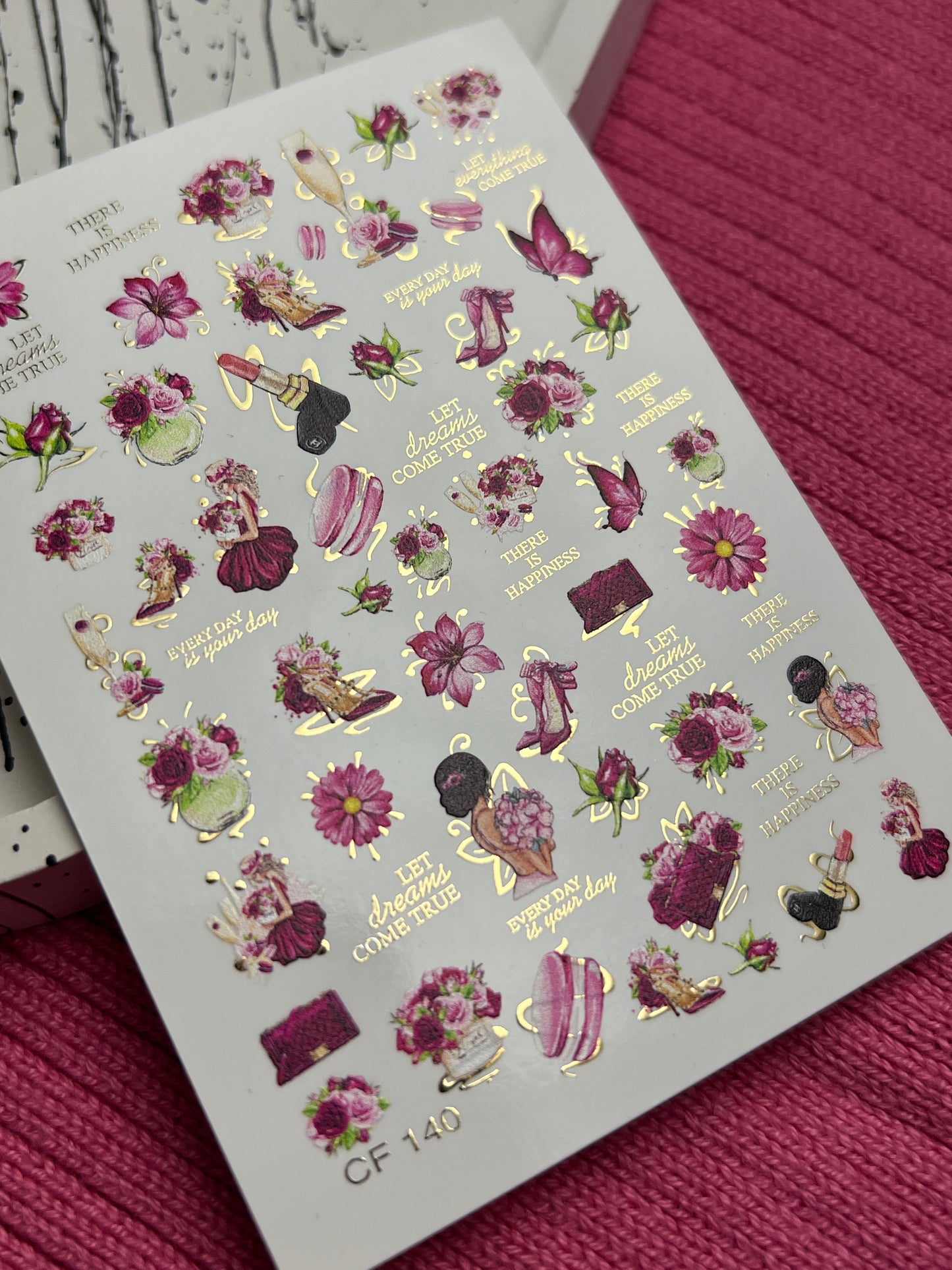 Nail Water Decal CF-140 | Fashion & Floral Water Slide Nail Decals | Shoes, Lipstick & Gold Foil Accents