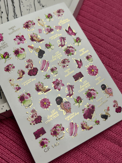 Nail Water Decal CF-140 | Fashion & Floral Water Slide Nail Decals | Shoes, Lipstick & Gold Foil Accents