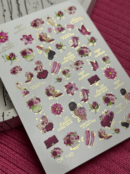 Nail Water Decal CF-140 | Fashion & Floral Water Slide Nail Decals | Shoes, Lipstick & Gold Foil Accents