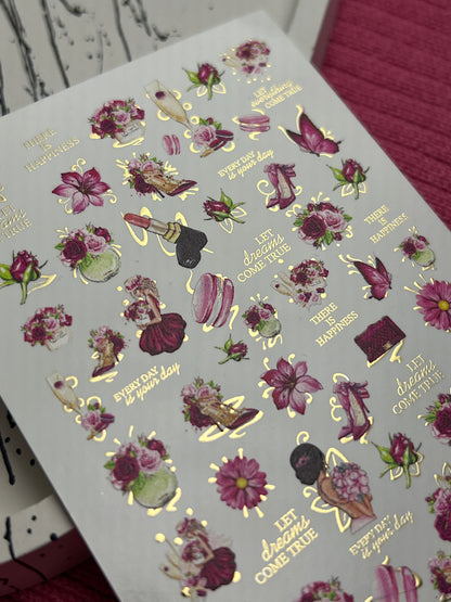 Nail Water Decal CF-140 | Fashion & Floral Water Slide Nail Decals | Shoes, Lipstick & Gold Foil Accents