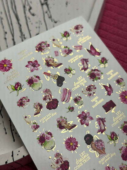 Nail Water Decal CF-140 | Fashion & Floral Water Slide Nail Decals | Shoes, Lipstick & Gold Foil Accents