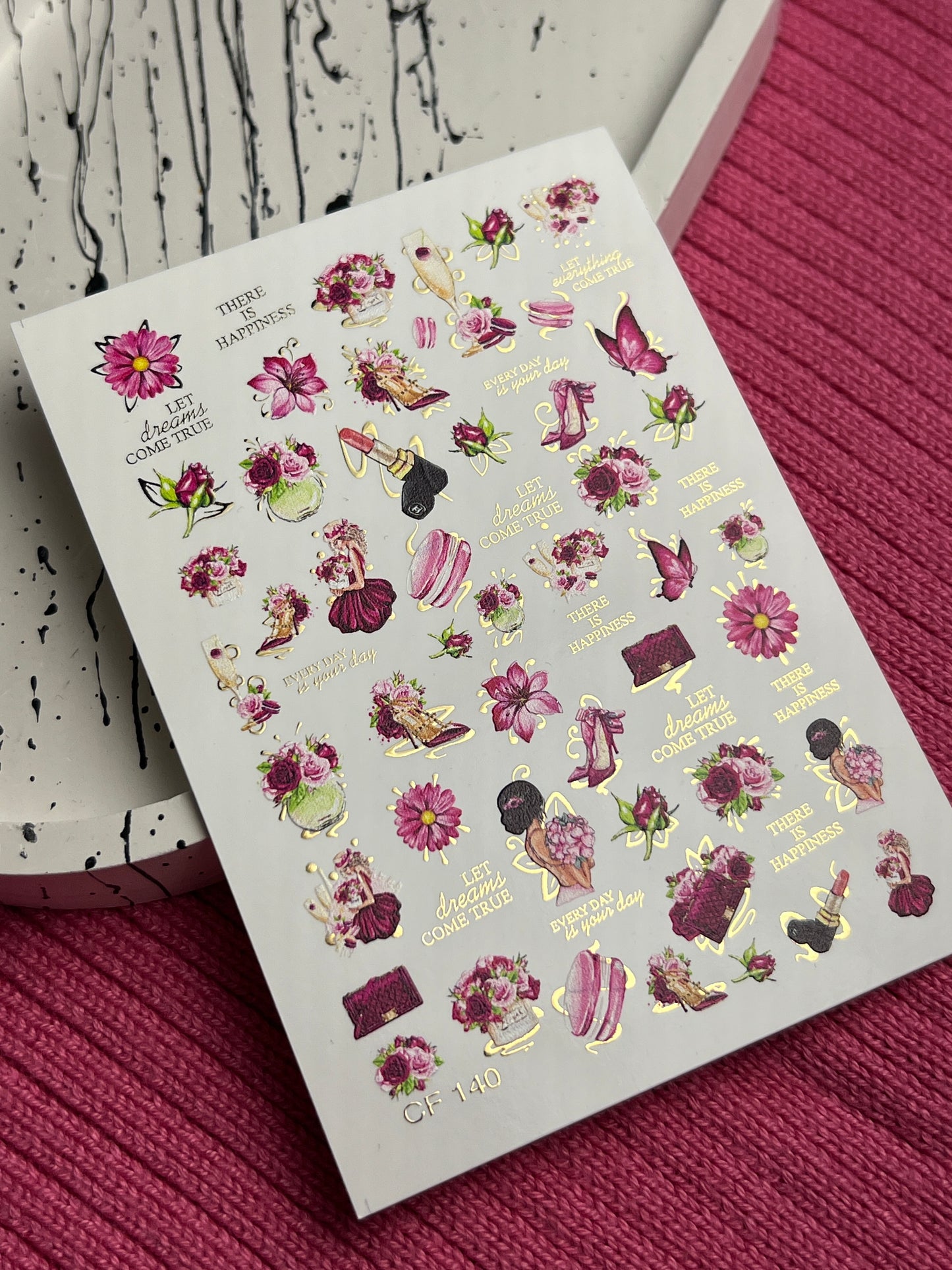 Nail Water Decal CF-140 | Fashion & Floral Water Slide Nail Decals | Shoes, Lipstick & Gold Foil Accents