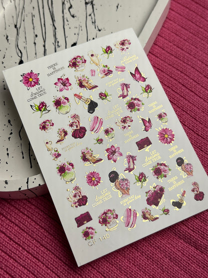 Nail Water Decal CF-140 | Fashion & Floral Water Slide Nail Decals | Shoes, Lipstick & Gold Foil Accents