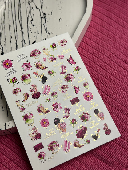 Nail Water Decal CF-140 | Fashion & Floral Water Slide Nail Decals | Shoes, Lipstick & Gold Foil Accents