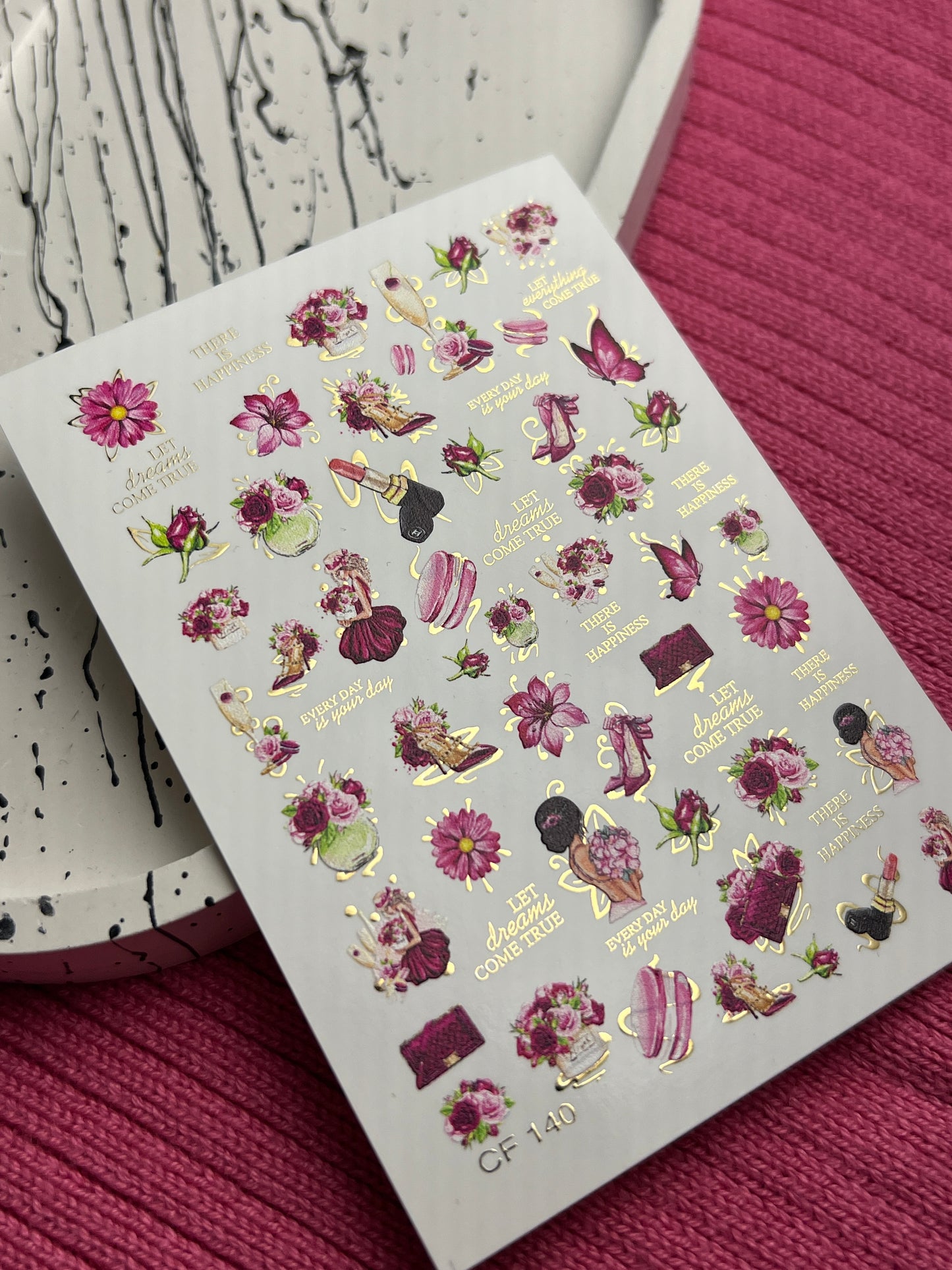 Nail Water Decal CF-140 | Fashion & Floral Water Slide Nail Decals | Shoes, Lipstick & Gold Foil Accents