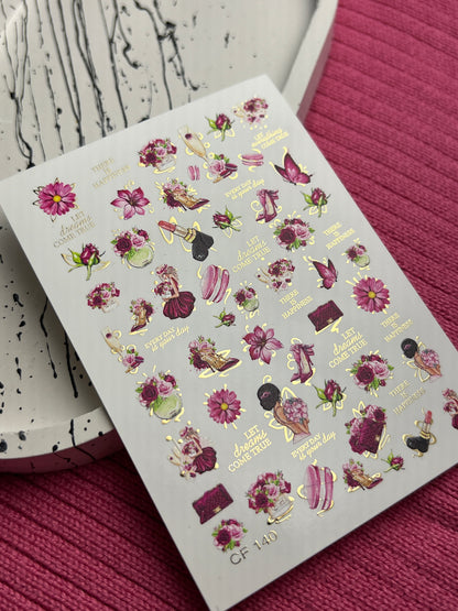 Nail Water Decal CF-140 | Fashion & Floral Water Slide Nail Decals | Shoes, Lipstick & Gold Foil Accents