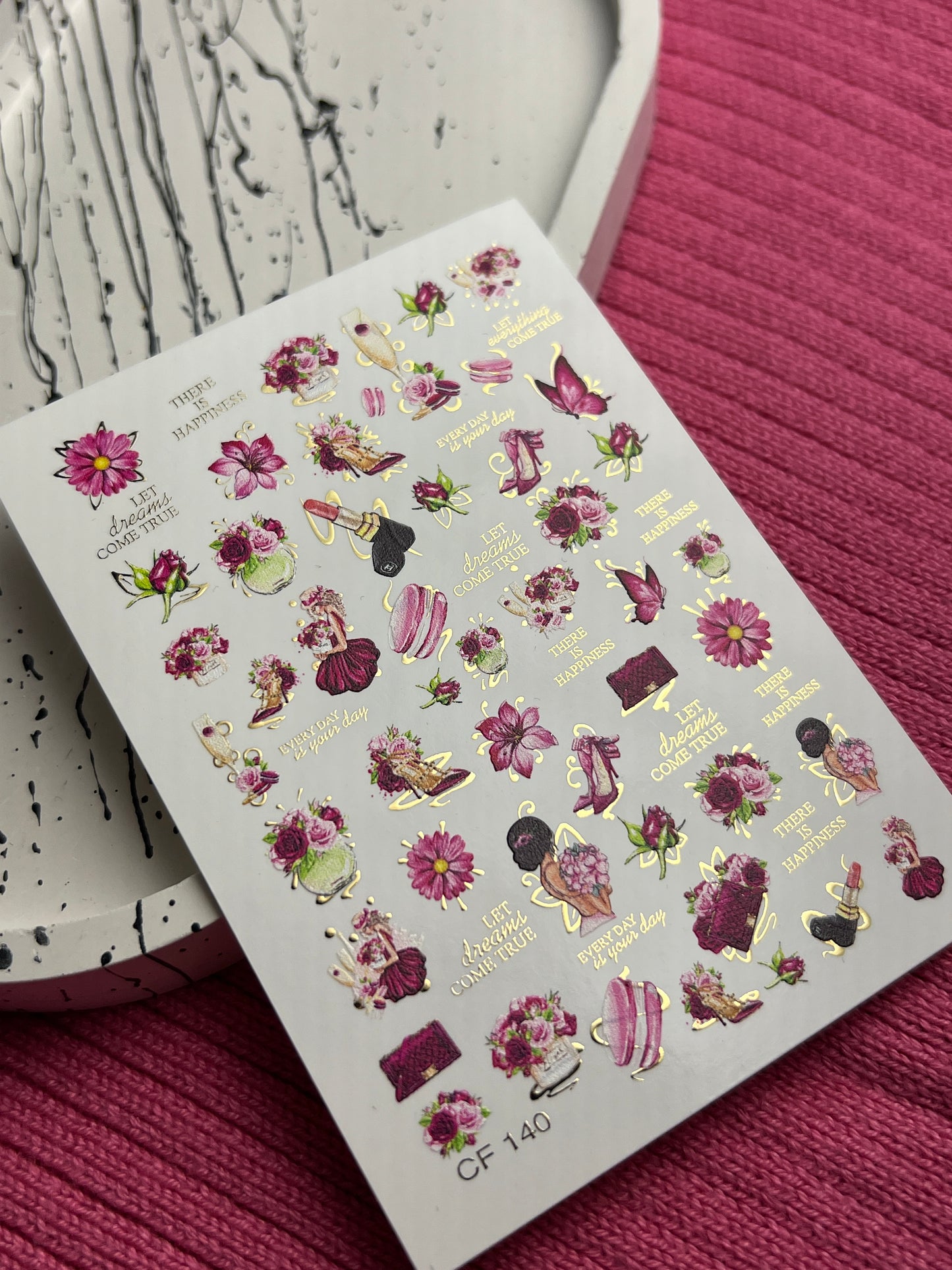 Nail Water Decal CF-140 | Fashion & Floral Water Slide Nail Decals | Shoes, Lipstick & Gold Foil Accents