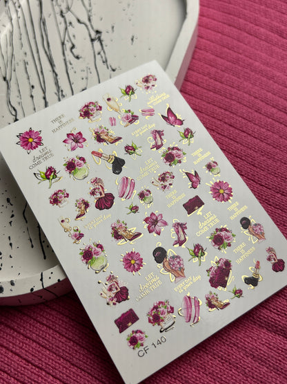 Nail Water Decal CF-140 | Fashion & Floral Water Slide Nail Decals | Shoes, Lipstick & Gold Foil Accents