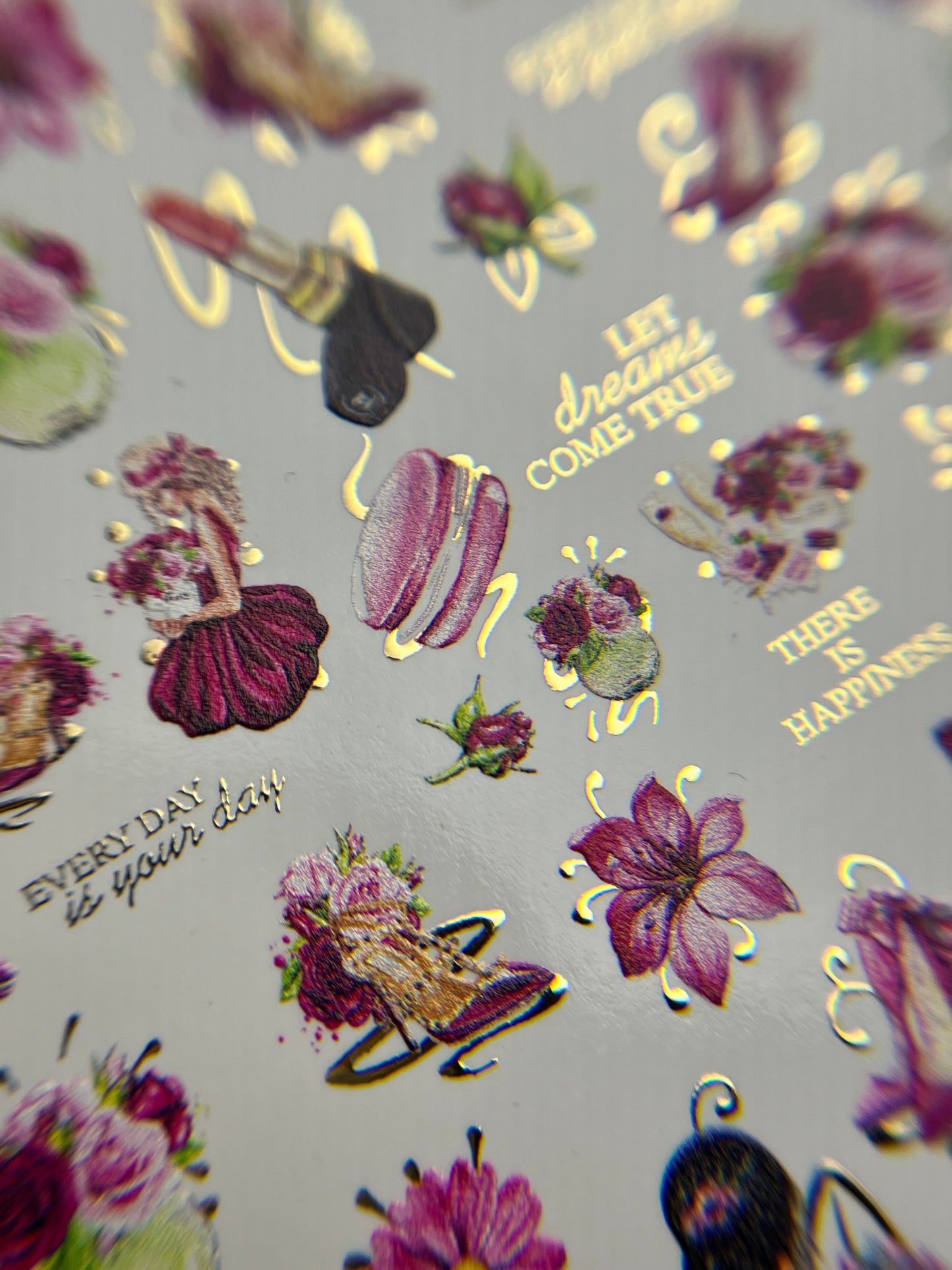 Nail Water Decal CF-140 | Fashion & Floral Water Slide Nail Decals | Shoes, Lipstick & Gold Foil Accents