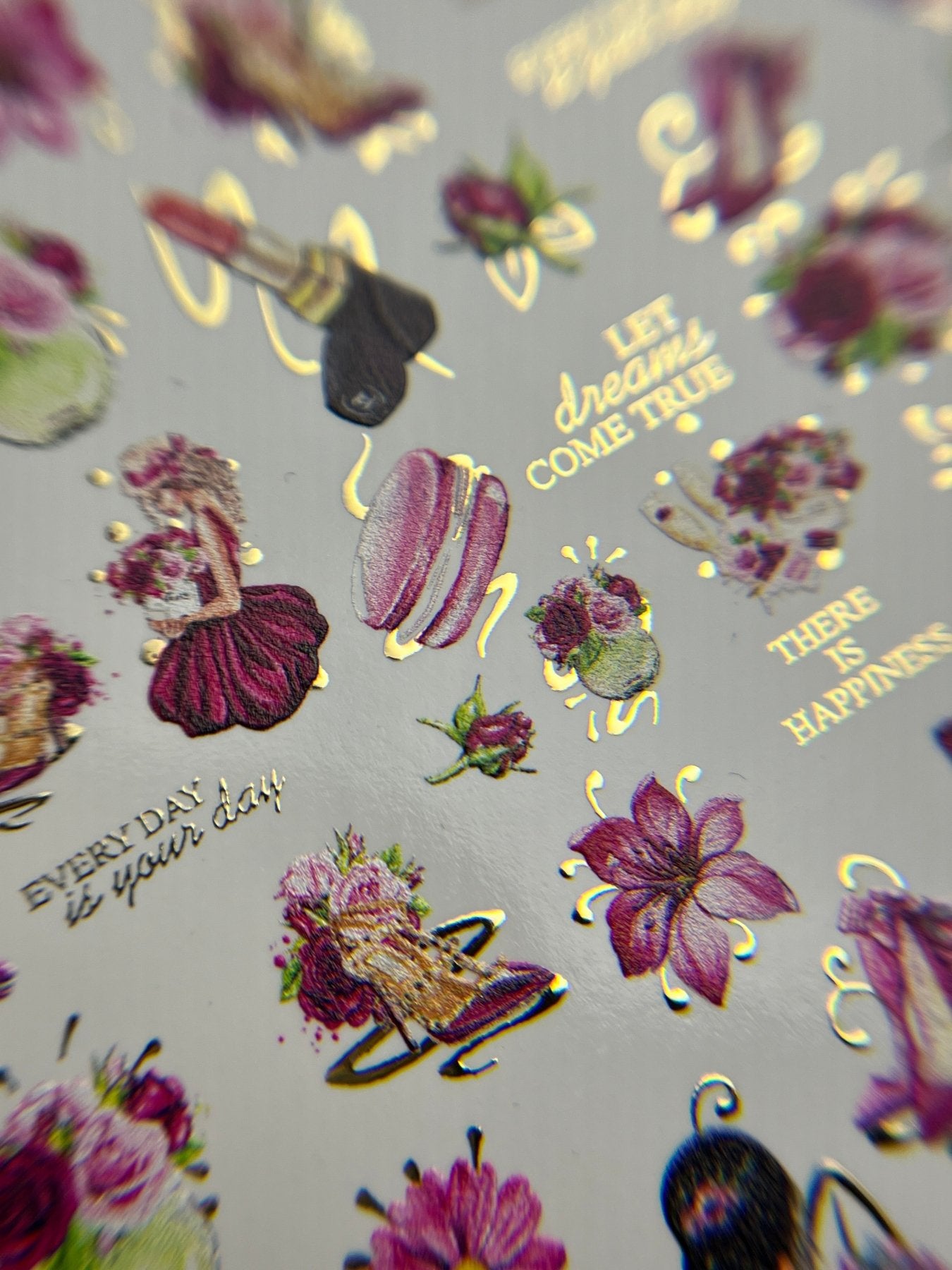 Nail Water Decal CF-140 | Fashion & Floral Water Slide Nail Decals | Shoes, Lipstick & Gold Foil Accents - UASLIDER