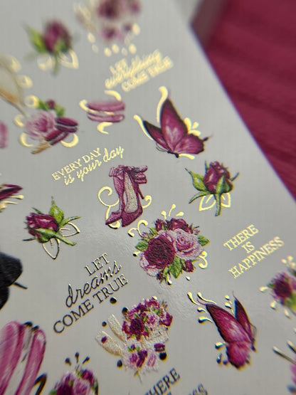 Nail Water Decal CF-140 | Fashion & Floral Water Slide Nail Decals | Shoes, Lipstick & Gold Foil Accents