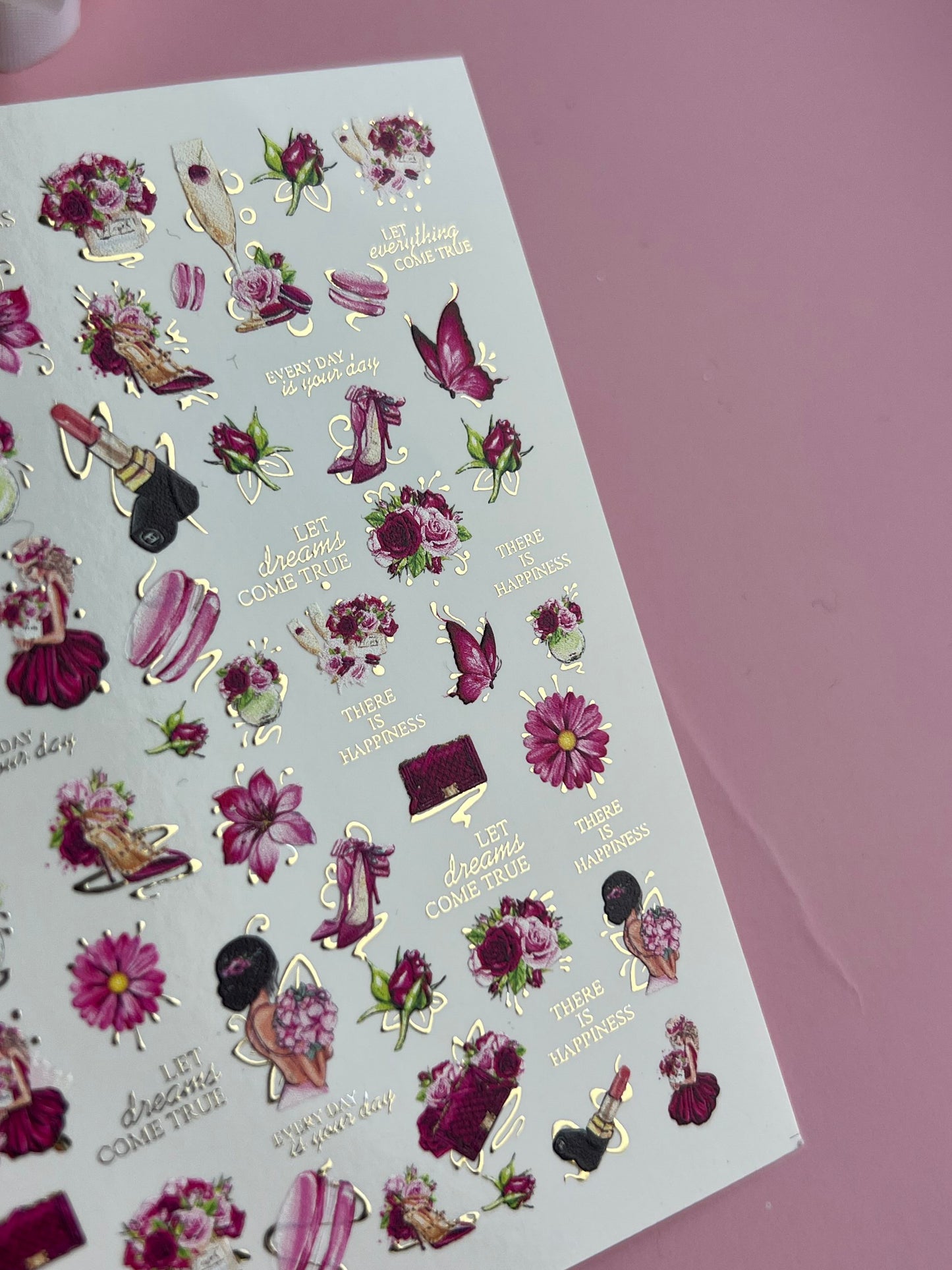 Nail Water Decal CF-140 | Fashion & Floral Water Slide Nail Decals | Shoes, Lipstick & Gold Foil Accents