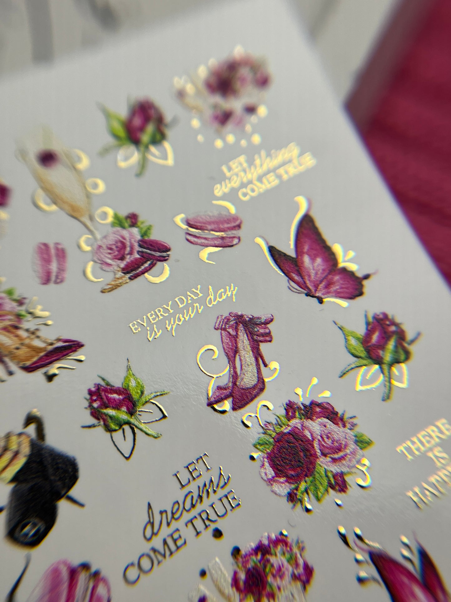 Nail Water Decal CF-140 | Fashion & Floral Water Slide Nail Decals | Shoes, Lipstick & Gold Foil Accents