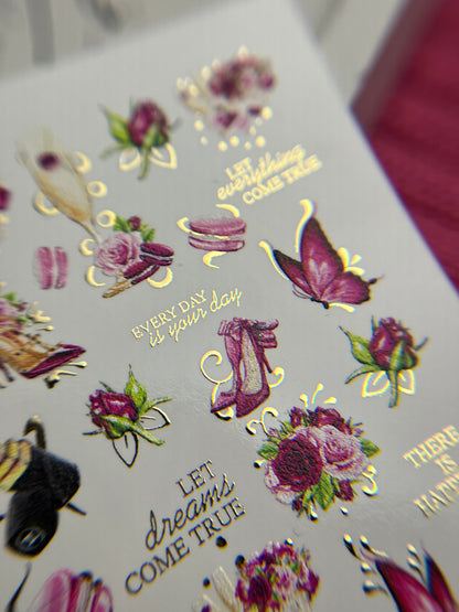 Nail Water Decal CF-140 | Fashion & Floral Water Slide Nail Decals | Shoes, Lipstick & Gold Foil Accents