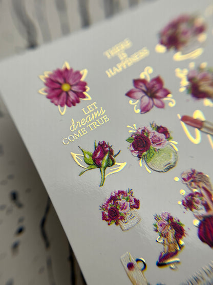 Nail Water Decal CF-140 | Fashion & Floral Water Slide Nail Decals | Shoes, Lipstick & Gold Foil Accents