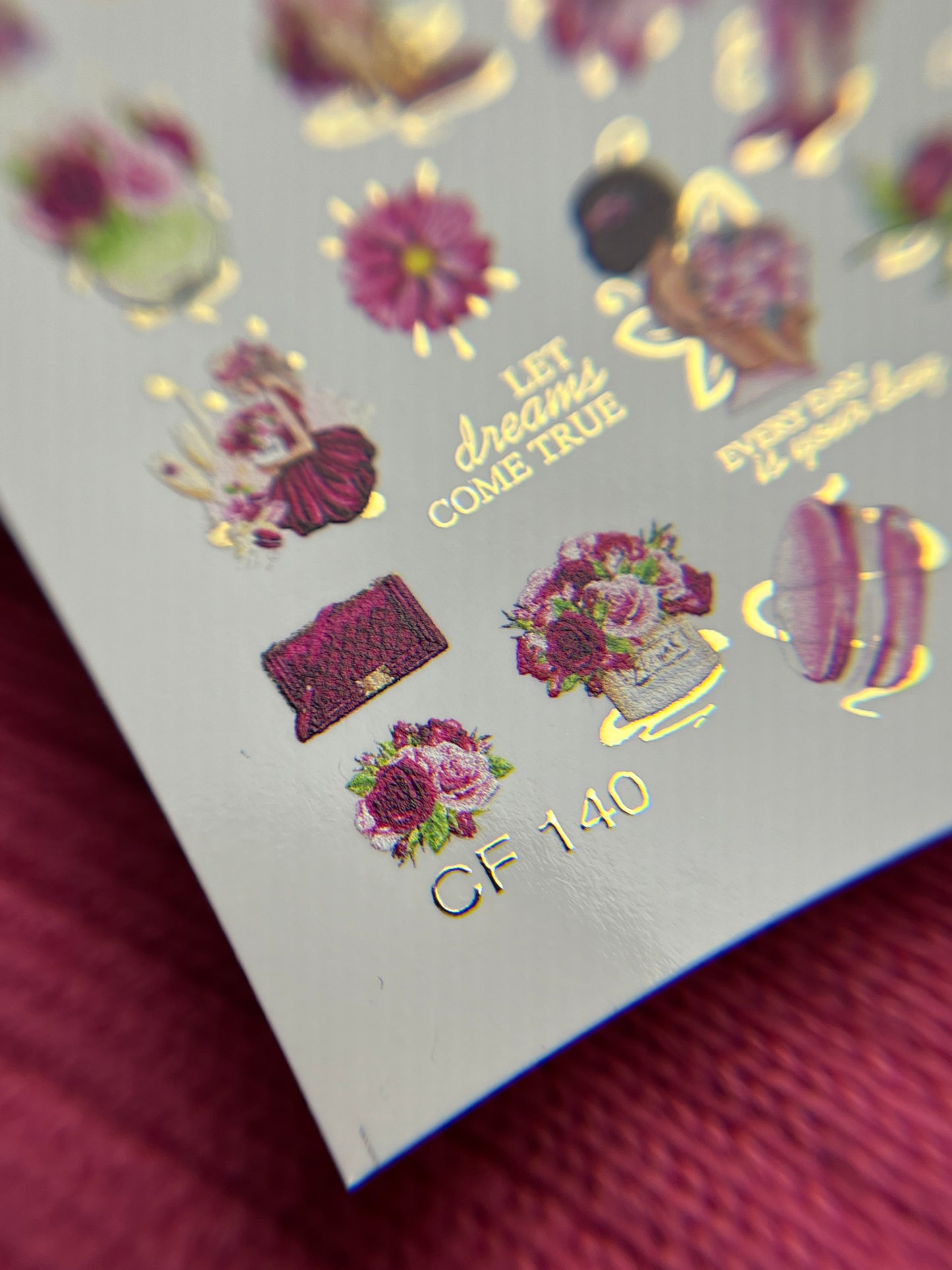 Nail Water Decal CF-140 | Fashion & Floral Water Slide Nail Decals | Shoes, Lipstick & Gold Foil Accents