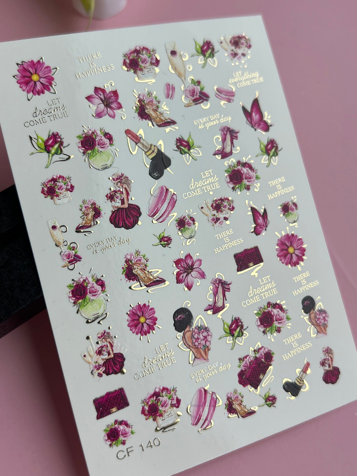 Nail Water Decal CF-140 | Fashion & Floral Water Slide Nail Decals | Shoes, Lipstick & Gold Foil Accents