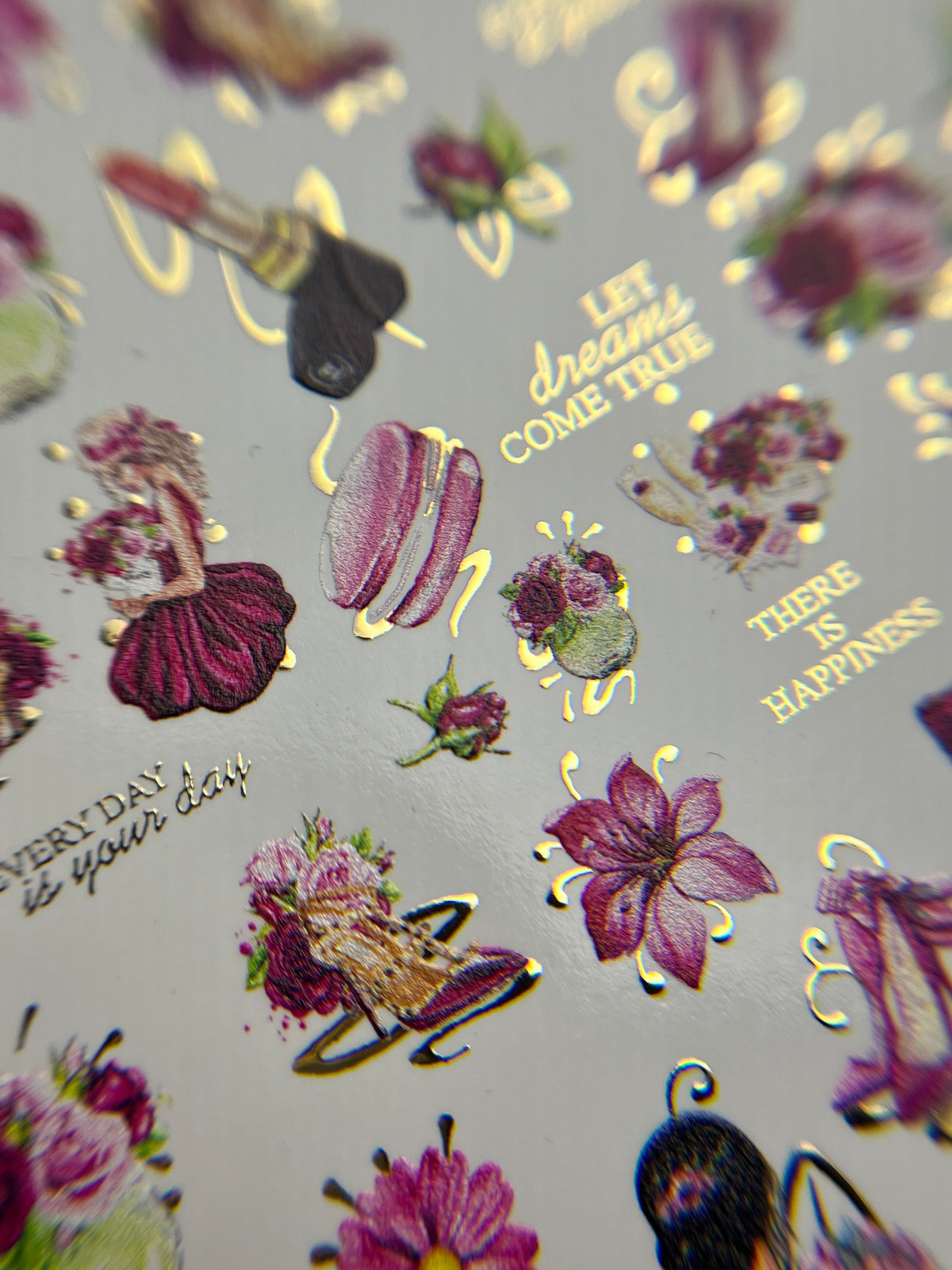 Nail Water Decal CF-140 | Fashion & Floral Water Slide Nail Decals | Shoes, Lipstick & Gold Foil Accents