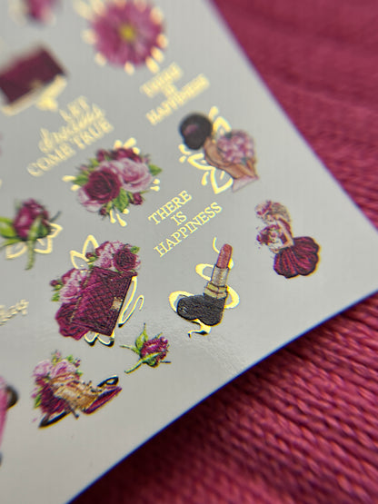 Nail Water Decal CF-140 | Fashion & Floral Water Slide Nail Decals | Shoes, Lipstick & Gold Foil Accents