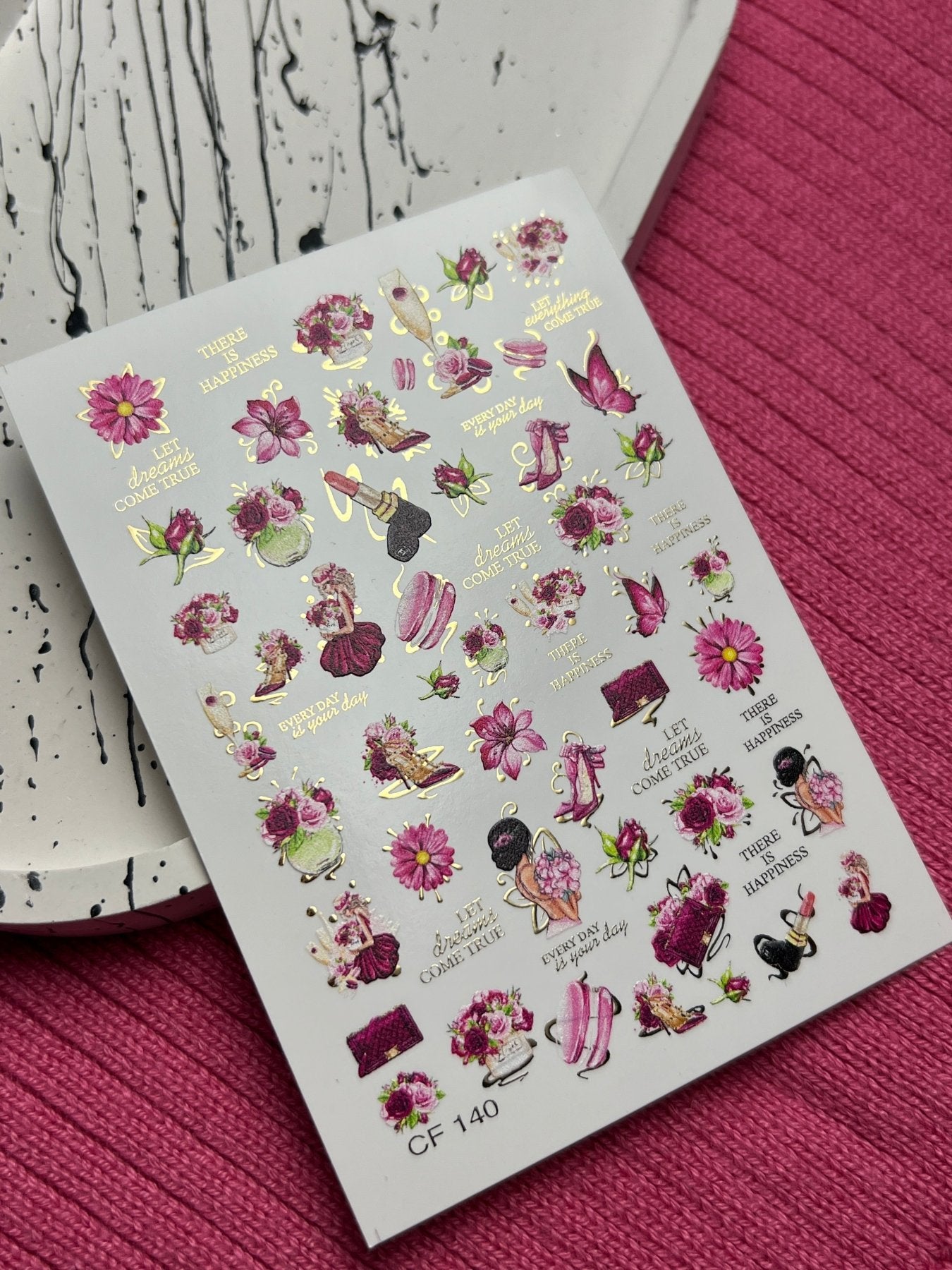 Nail Water Decal CF-140 | Fashion & Floral Water Slide Nail Decals | Shoes, Lipstick & Gold Foil Accents - UASLIDER