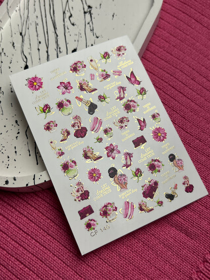 Nail Water Decal CF-140 | Fashion & Floral Water Slide Nail Decals | Shoes, Lipstick & Gold Foil Accents