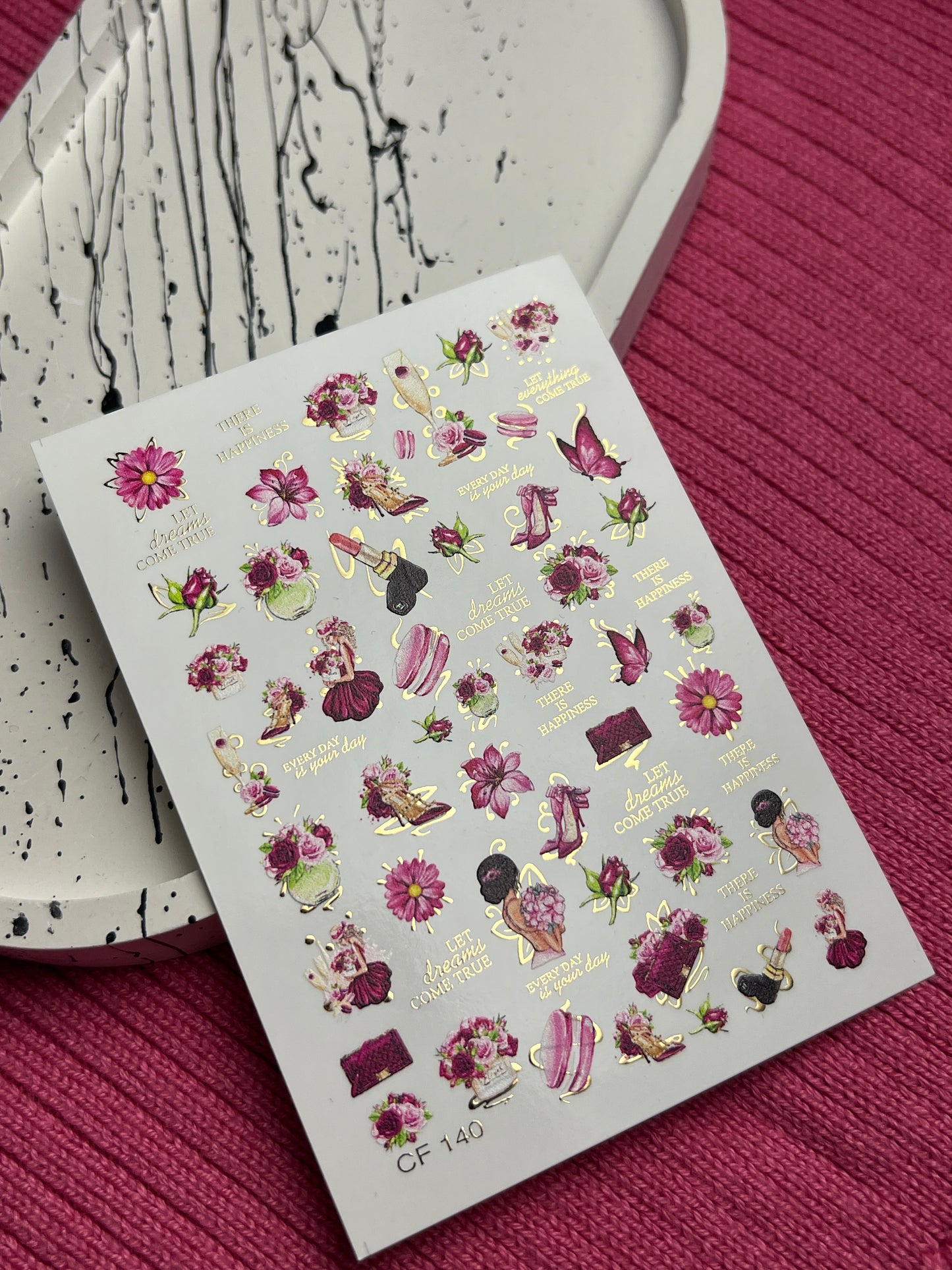 Nail Water Decal CF-140 | Fashion & Floral Water Slide Nail Decals | Shoes, Lipstick & Gold Foil Accents