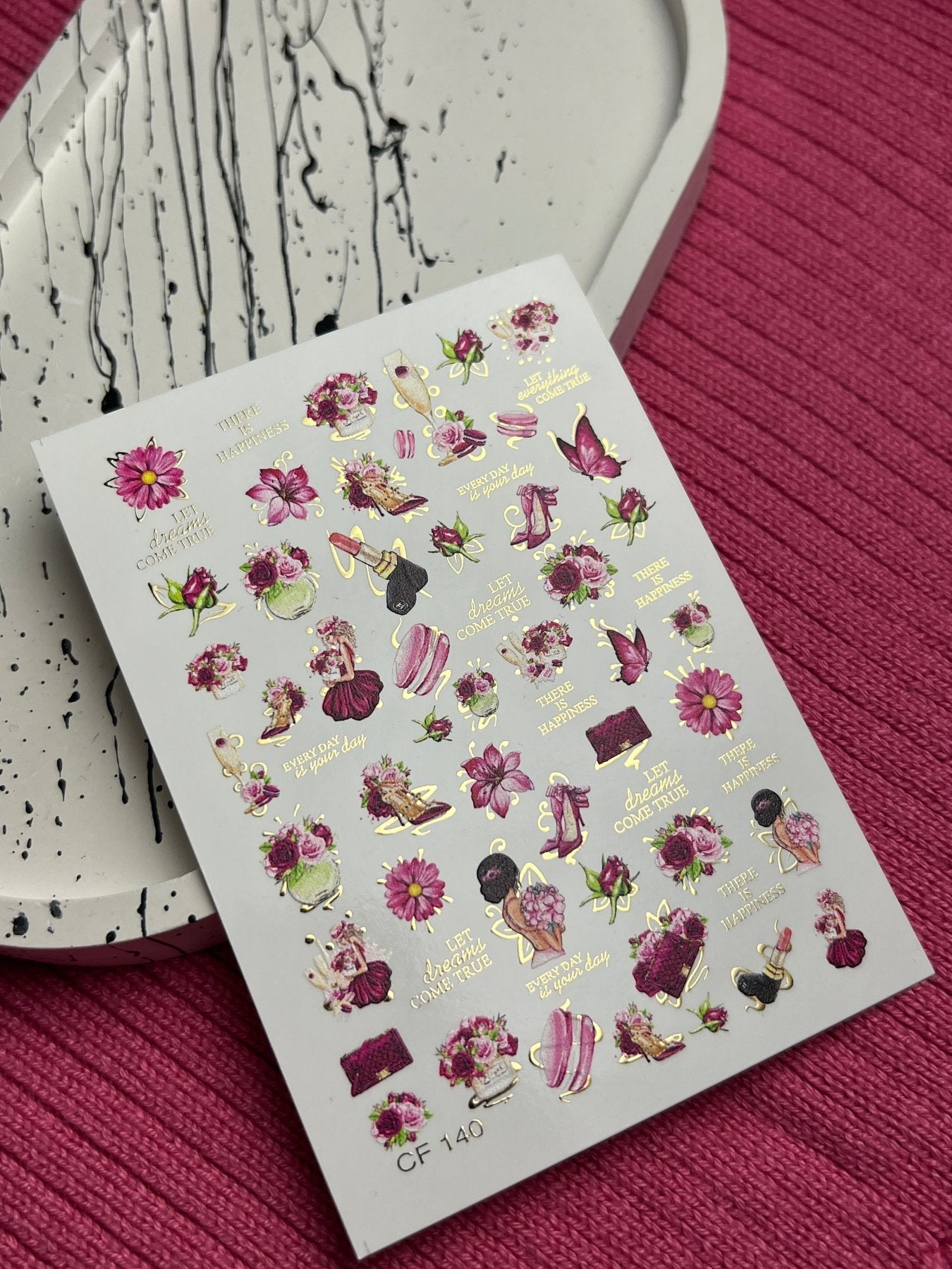 Nail Water Decal CF-140 | Fashion & Floral Water Slide Nail Decals | Shoes, Lipstick & Gold Foil Accents - UASLIDER