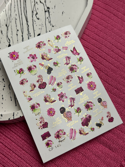 Nail Water Decal CF-140 | Fashion & Floral Water Slide Nail Decals | Shoes, Lipstick & Gold Foil Accents