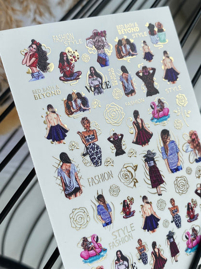 Nail Water Decal CF-141 | Summer Fashion Water Slide Nail Decals | Girls, Flamingos & Gold Roses