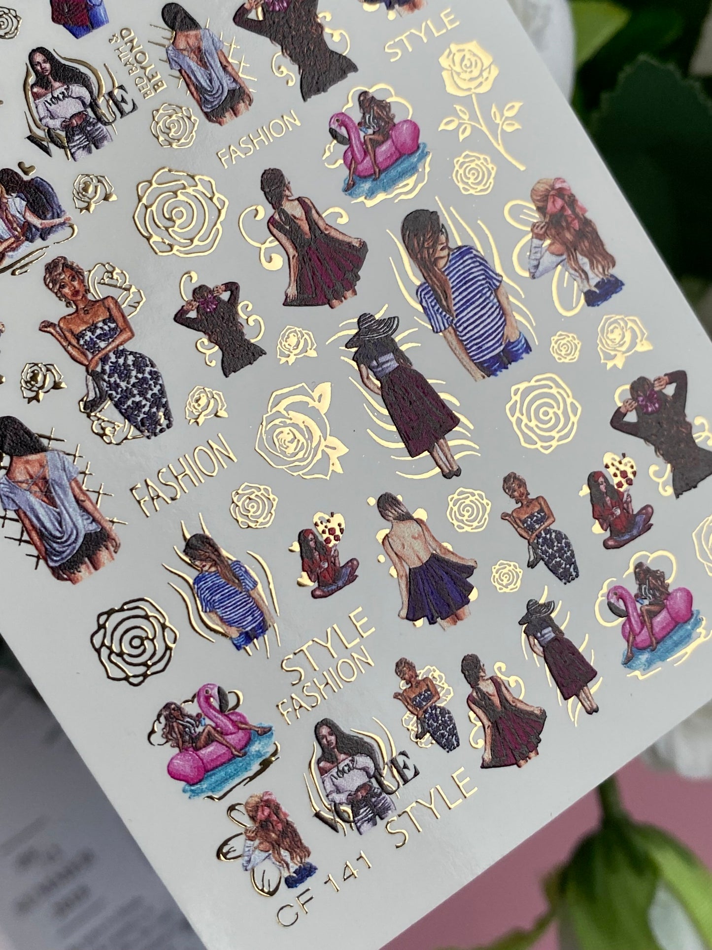 Nail Water Decal CF-141 | Summer Fashion Water Slide Nail Decals | Girls, Flamingos & Gold Roses