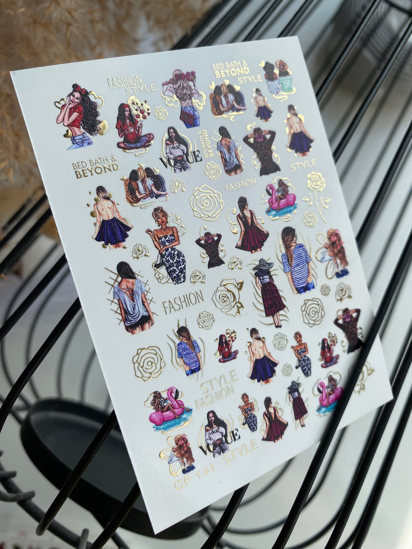 Nail Water Decal CF-141 | Summer Fashion Water Slide Nail Decals | Girls, Flamingos & Gold Roses