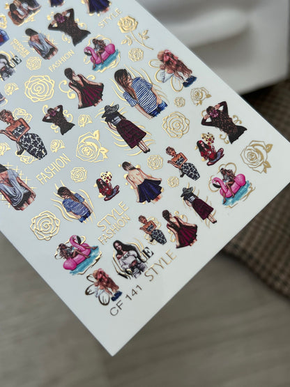 Nail Water Decal CF-141 | Summer Fashion Water Slide Nail Decals | Girls, Flamingos & Gold Roses