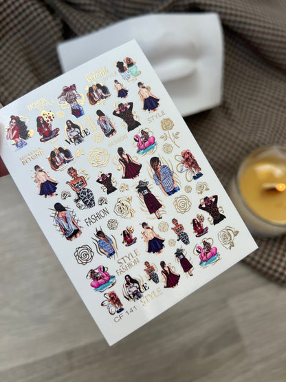 Nail Water Decal CF-141 | Summer Fashion Water Slide Nail Decals | Girls, Flamingos & Gold Roses