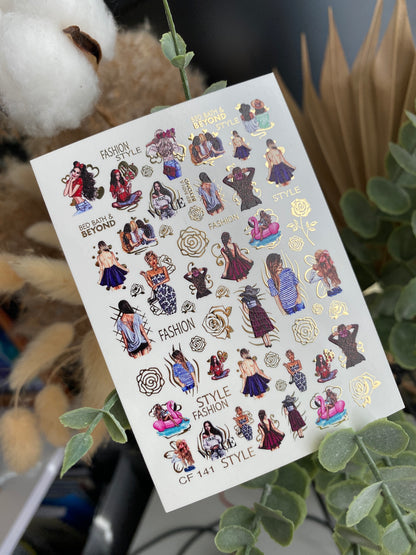 Nail Water Decal CF-141 | Summer Fashion Water Slide Nail Decals | Girls, Flamingos & Gold Roses