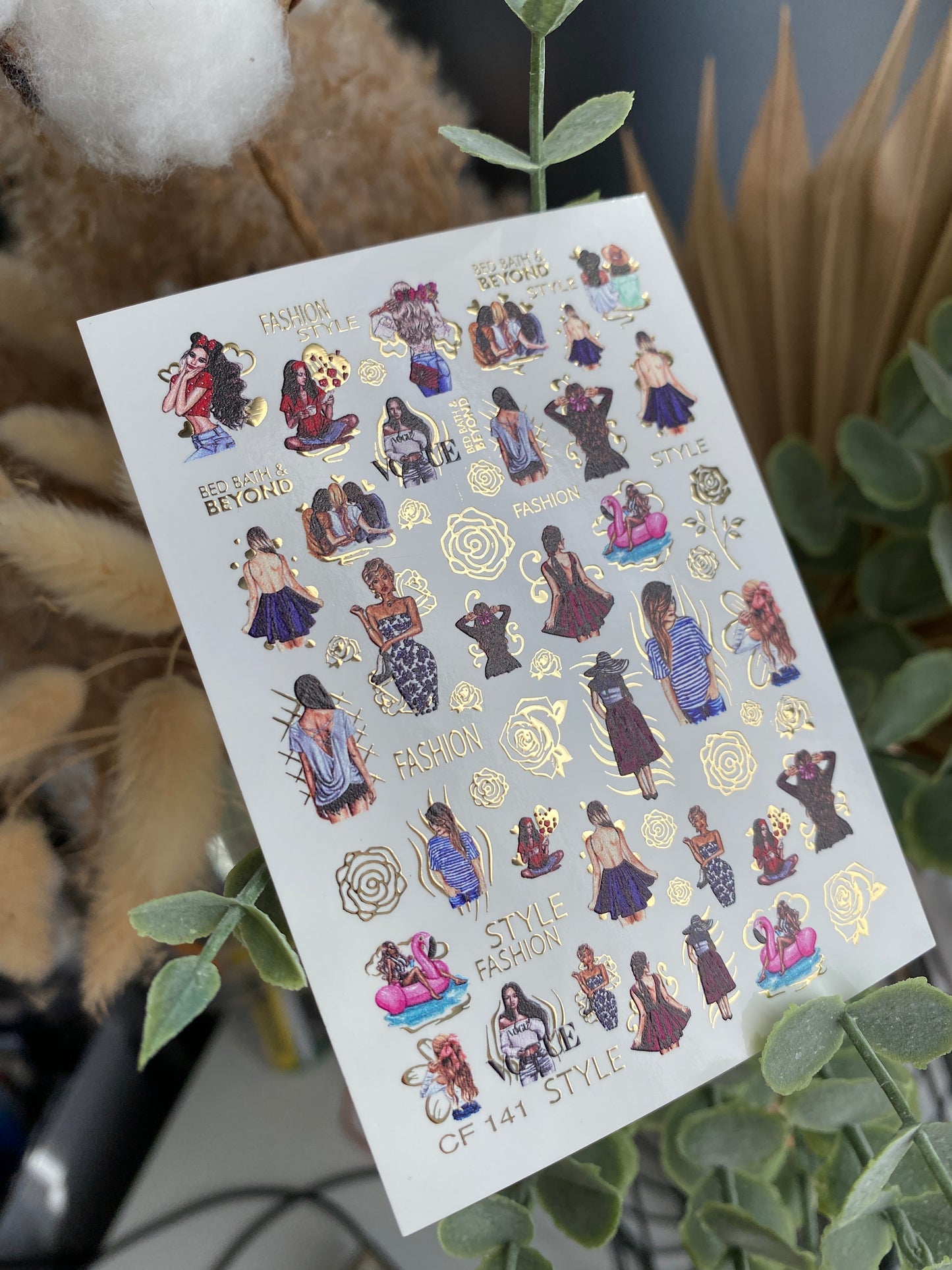 Nail Water Decal CF-141 | Summer Fashion Water Slide Nail Decals | Girls, Flamingos & Gold Roses