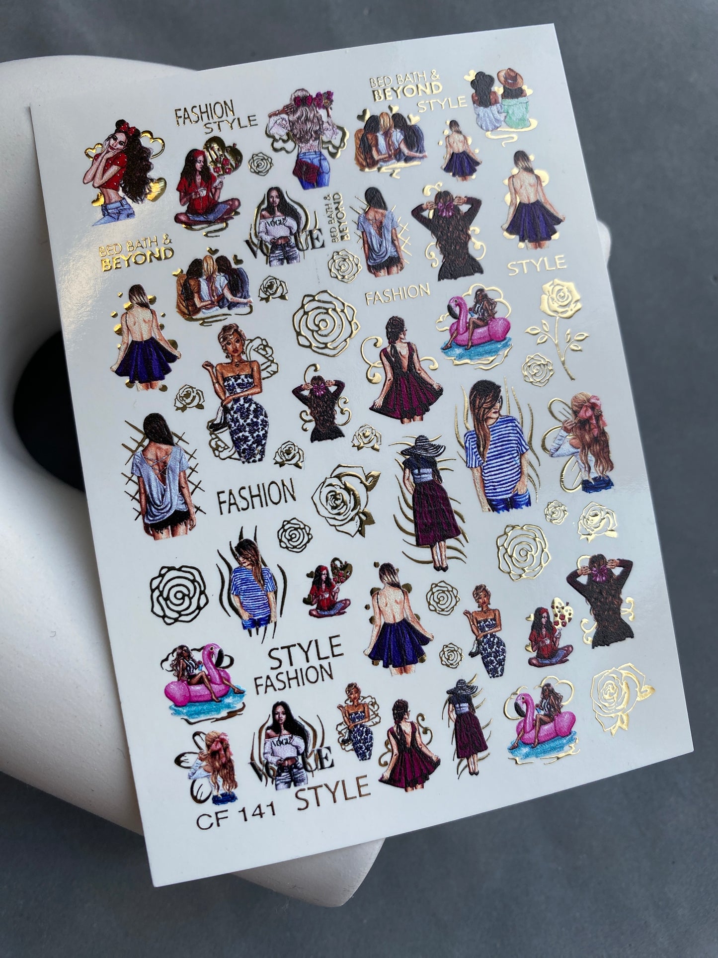 Nail Water Decal CF-141 | Summer Fashion Water Slide Nail Decals | Girls, Flamingos & Gold Roses