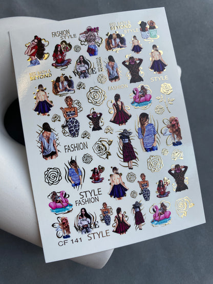 Nail Water Decal CF-141 | Summer Fashion Water Slide Nail Decals | Girls, Flamingos & Gold Roses