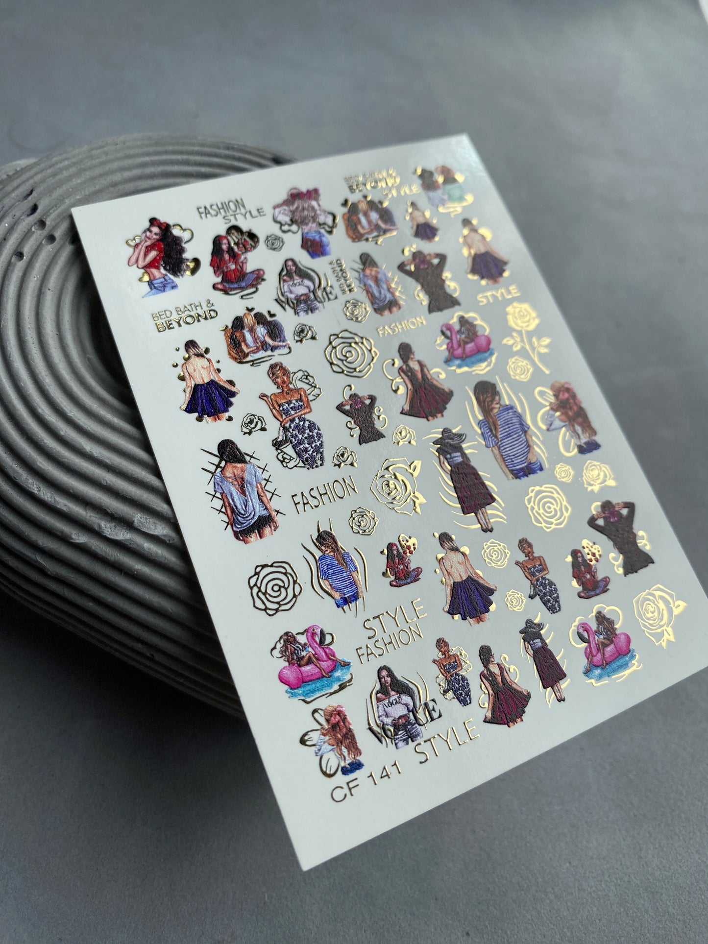 Nail Water Decal CF-141 | Summer Fashion Water Slide Nail Decals | Girls, Flamingos & Gold Roses