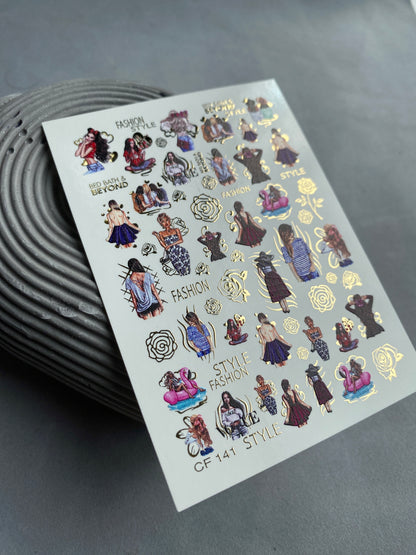 Nail Water Decal CF-141 | Summer Fashion Water Slide Nail Decals | Girls, Flamingos & Gold Roses