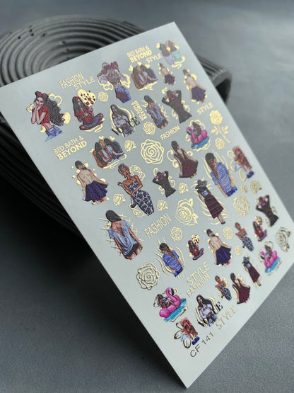 Nail Water Decal CF-141 | Summer Fashion Water Slide Nail Decals | Girls, Flamingos & Gold Roses