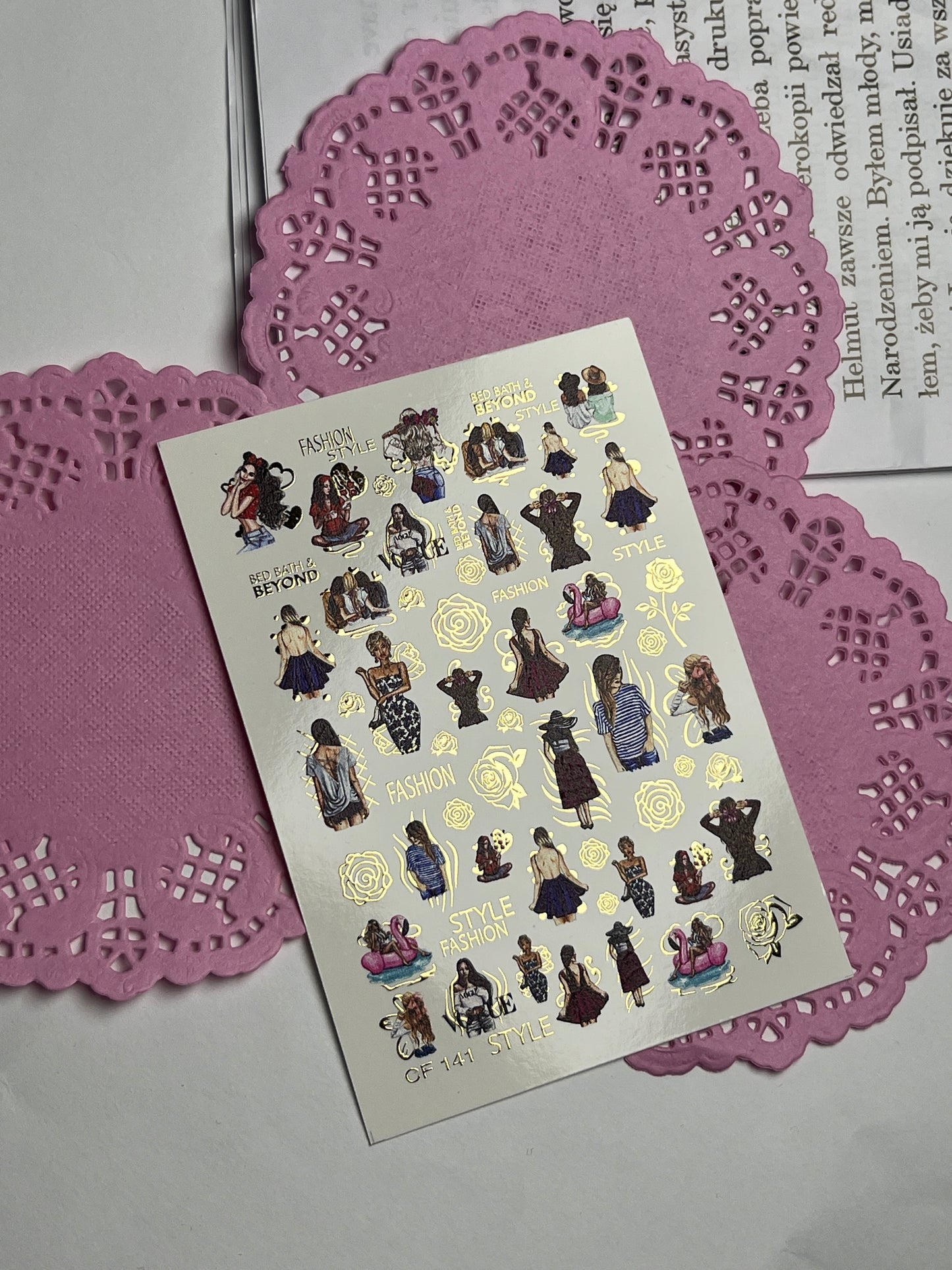 Nail Water Decal CF-141 | Summer Fashion Water Slide Nail Decals | Girls, Flamingos & Gold Roses