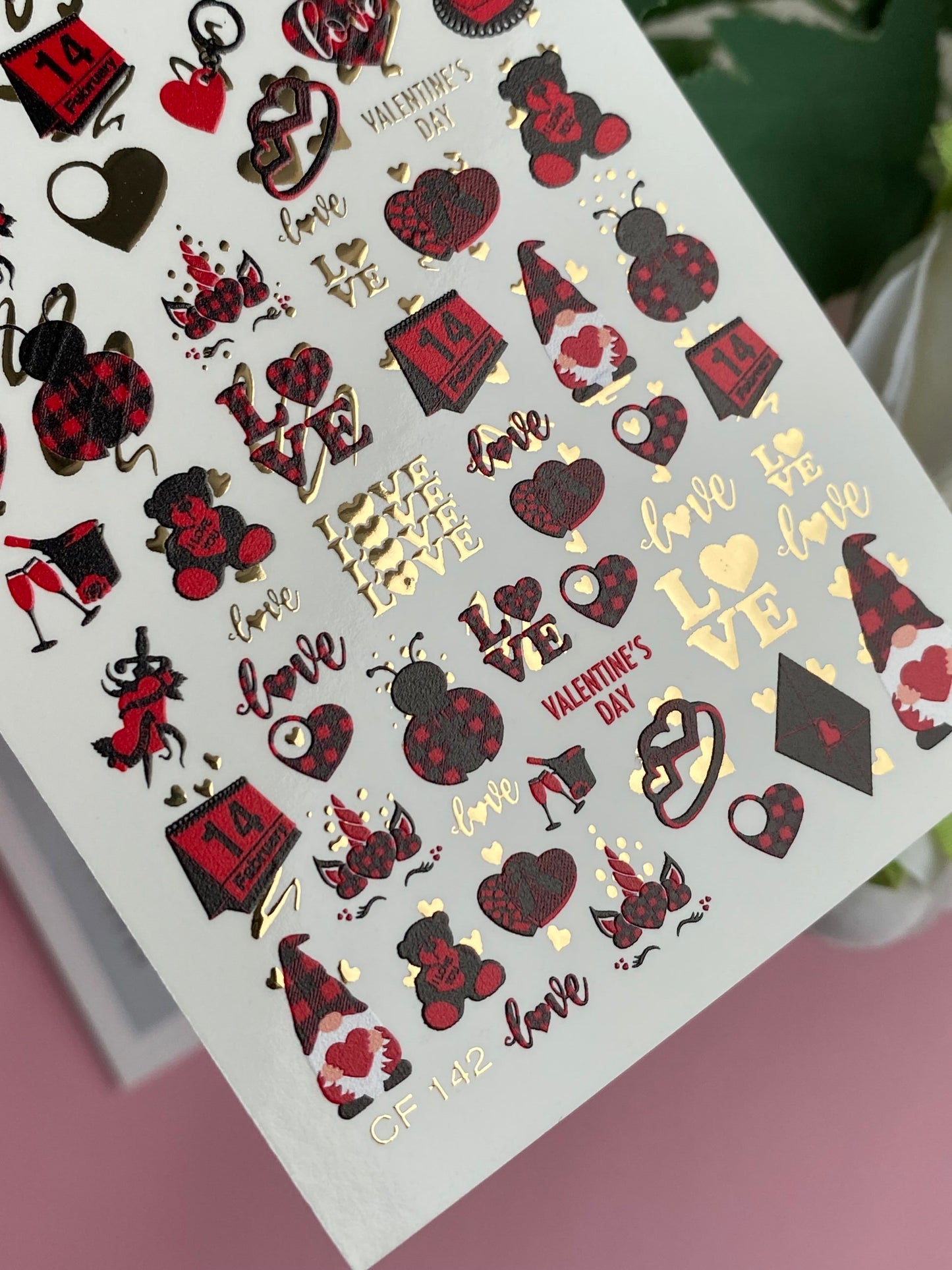 Nail Water Decal CF-142 | Valentine’s Day Water Slide Nail Decals | Hearts, Love Quotes & Gold Foil
