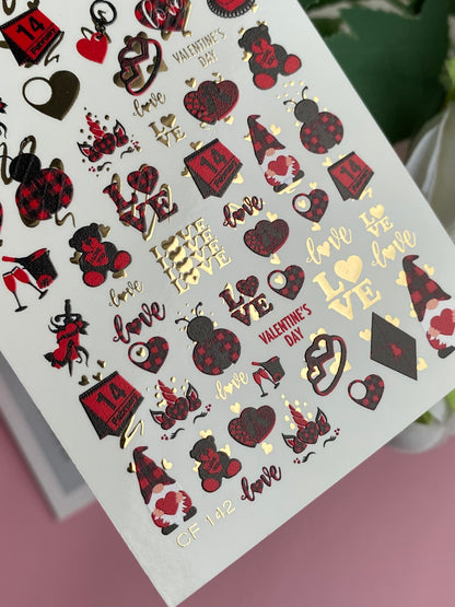 Nail Water Decal CF-142 | Valentine’s Day Water Slide Nail Decals | Hearts, Love Quotes & Gold Foil