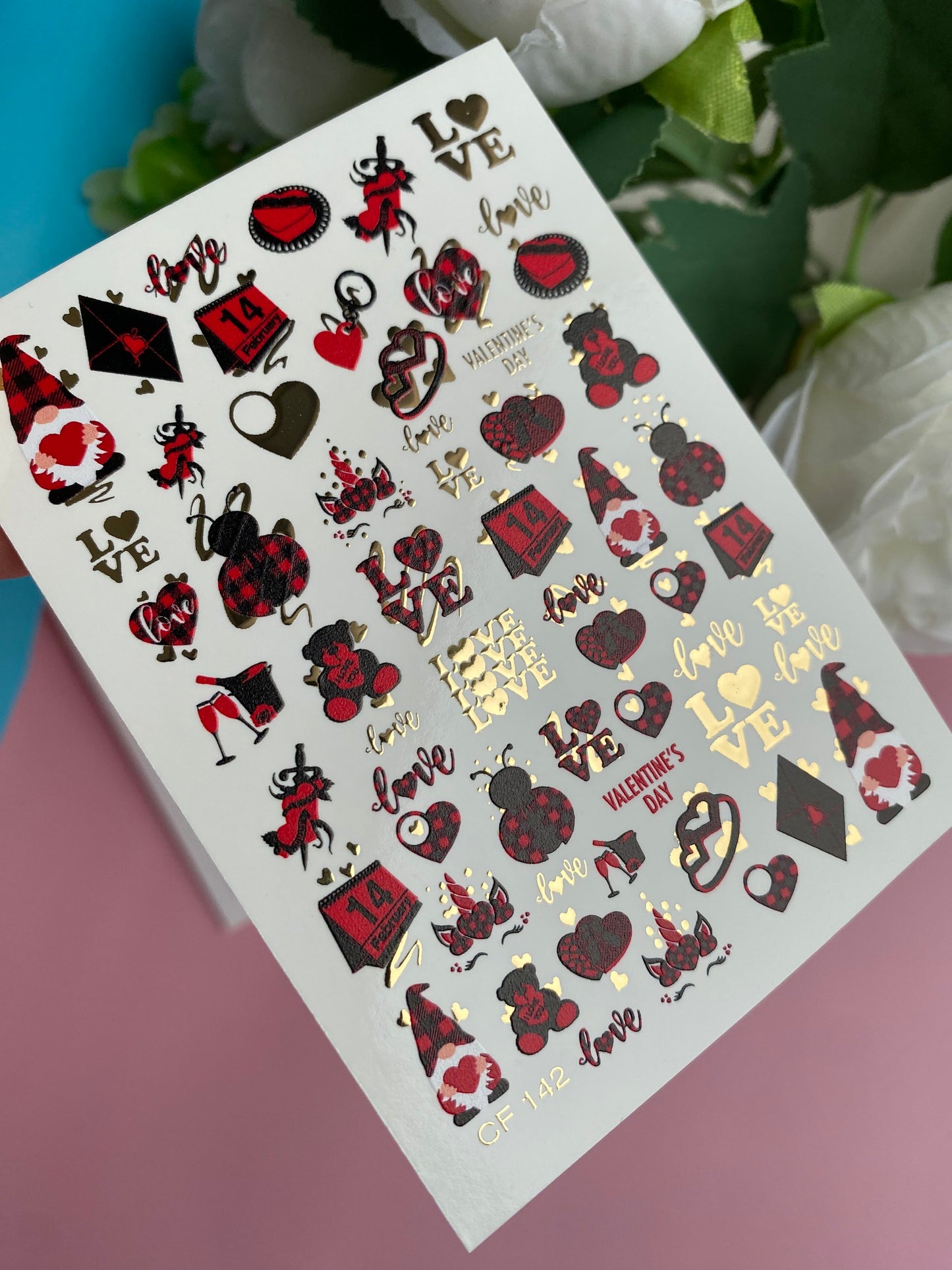 Nail Water Decal CF-142 | Valentine’s Day Water Slide Nail Decals | Hearts, Love Quotes & Gold Foil
