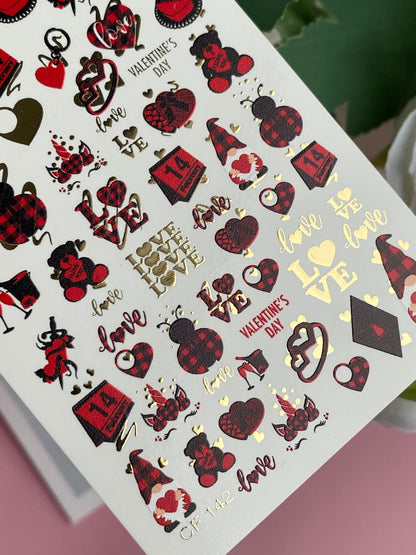 Nail Water Decal CF-142 | Valentine’s Day Water Slide Nail Decals | Hearts, Love Quotes & Gold Foil