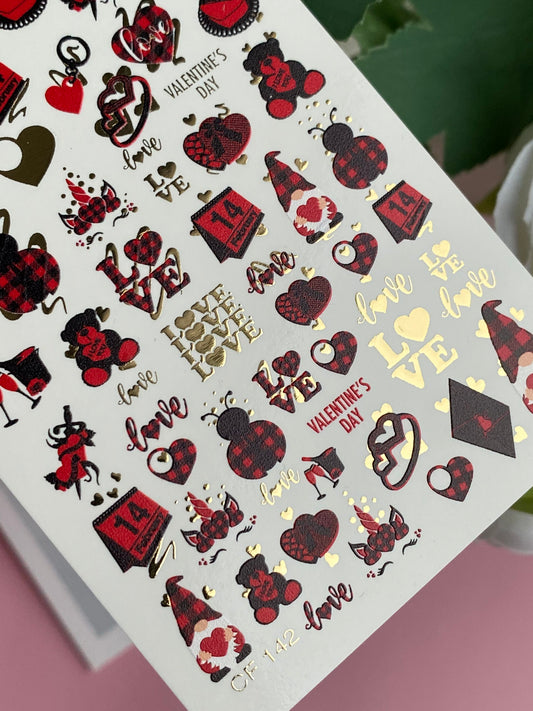 Nail Water Decal CF-142 | Valentine’s Day Water Slide Nail Decals | Hearts, Love Quotes & Gold Foil