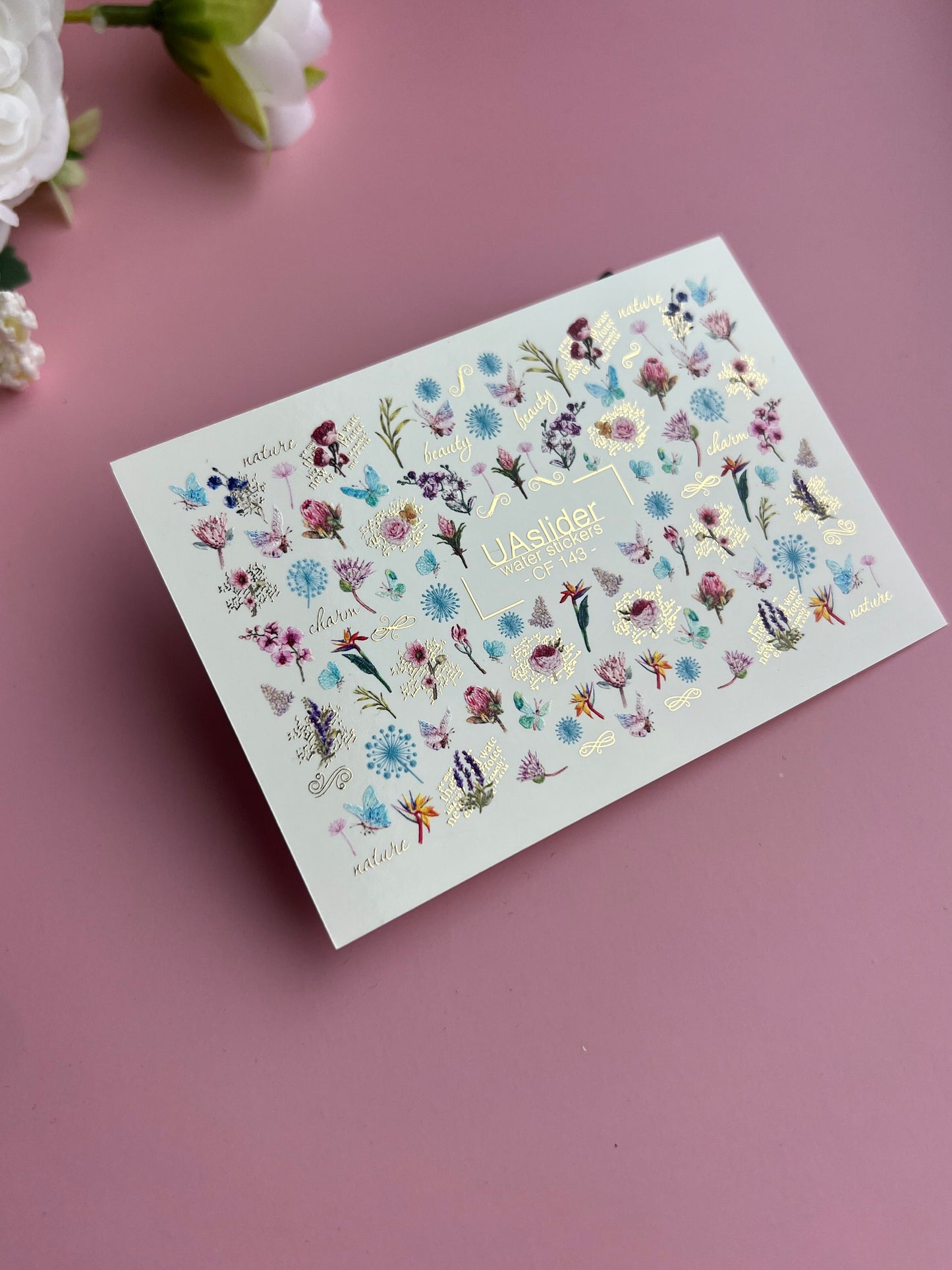 Nail Water Decal CF-143 | Wildflower Water Slide Nail Decals | Colorful Blooms & Gold Foil Accents