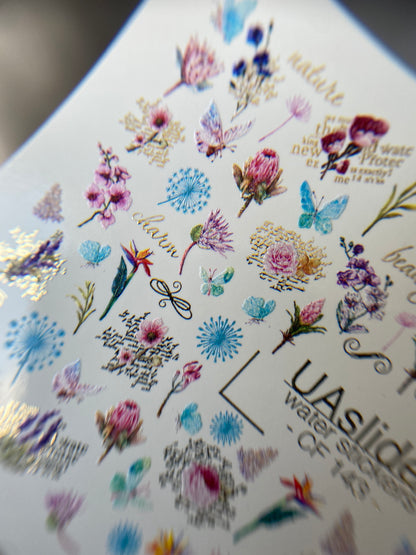 Nail Water Decal CF-143 | Wildflower Water Slide Nail Decals | Colorful Blooms & Gold Foil Accents