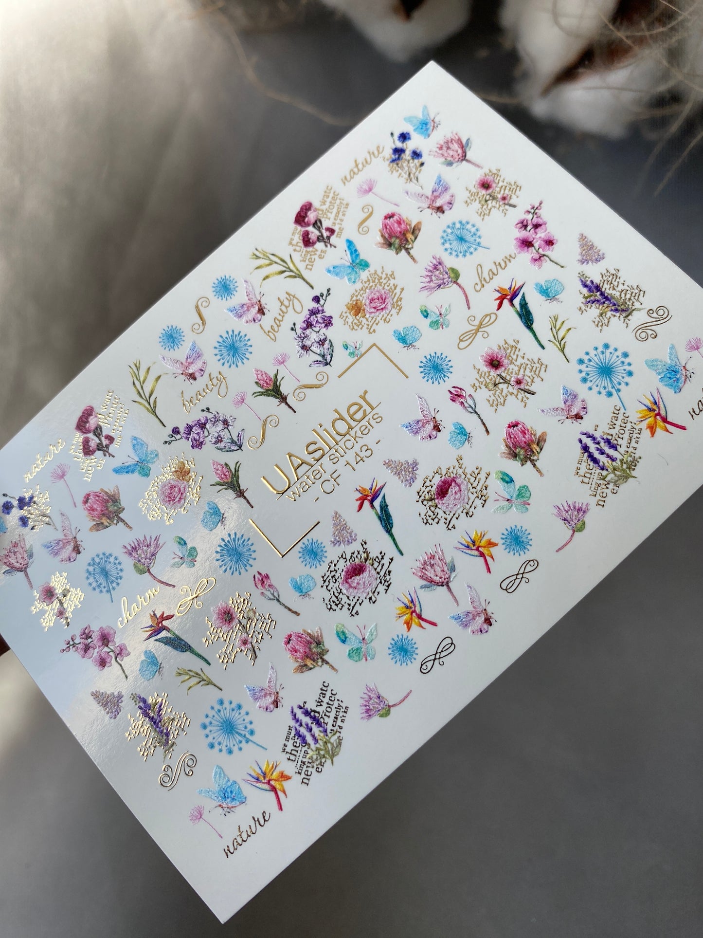 Nail Water Decal CF-143 | Wildflower Water Slide Nail Decals | Colorful Blooms & Gold Foil Accents